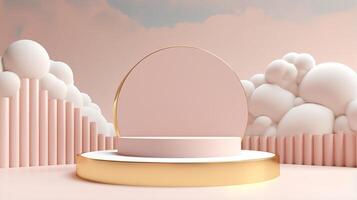 Cylinder podiums pink background with clouds 3d round display mockup in pastel yellow and gold colors for cosmetic products presentation with empty space. photo