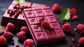 Ruby chocolate bar. Background with pink chocolate pieces on a brown background side view close up. photo