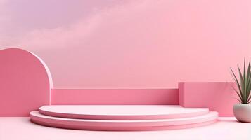 Cylinder podiums on pink background. 3d round display mockup for cosmetic products presentation with empty space. photo