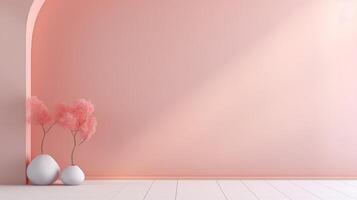Empty room mockup with pastel coral background. 3d round display mockup for cosmetic products presentation with empty space. photo