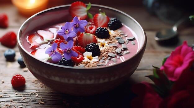 acai cuenco con bayas y frutas desayuno zalamero cuenco con arándanos y fresas foto