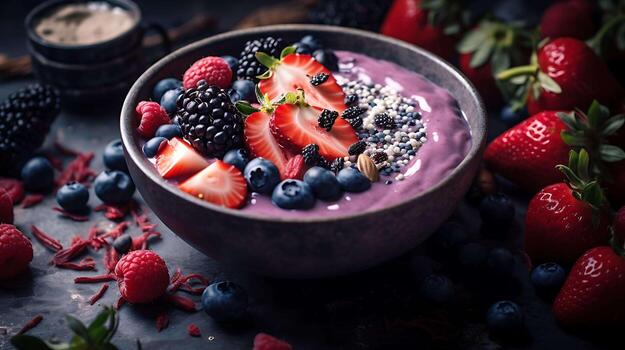 acai cuenco con bayas y frutas desayuno zalamero cuenco con arándanos y fresas foto