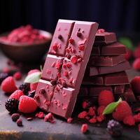Ruby chocolate bar. Background with pink chocolate pieces on a brown background side view close up. photo