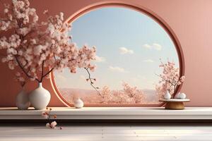Cylinder podiums coral background with clouds and sakura trees. 3d round display mockup in pastel pink and blue colors for cosmetic products presentation with empty space. photo