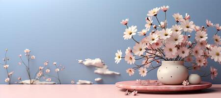 Podium on blue background with clouds and daisy flowers. 3d round display mockup in pink and white pastel colors for cosmetic products presentation with empty space. photo
