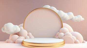 Cylinder podiums pink background with clouds 3d round display mockup in pastel yellow and gold colors for cosmetic products presentation with empty space. photo