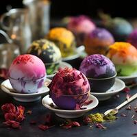 Tea bombs with different flavors on wooden background. Various tea balls with dried flowers and herbs. photo