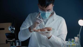 Genetic injection into raw chicken meat. Scientist doing injection to pieces meat. Lab assistant testing GMO chicken. Worker of food quality control. Genetically modified antibiotics residue in food. video