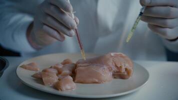 Lab worker injecting medication into meat sample. Genetically modified meat. Artificial meat product, food technology of future. GMO food concept. Male nutrition expert testing food products in lab. video