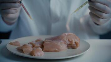 Male nutrition expert testing food products in laboratory. Lab assistant testing GMO chicken. Putting sample of chemical with injection in to test chicken meat. Genetically modified food, syringe. video