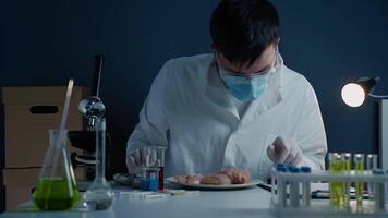 Scientist dripping red liquid on cultured meat, waiting for reaction in laboratory. Microbiologist examines meat sample by dispensing colored liquids from chemical beakers use laboratory pipettes. video
