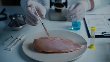 Food quality control concept. Lab assistant testing GMO chicken. Scientist examining sample meat, syringes with anabolic and antibiotics, microscope in laboratory. Food bio engineering process. video