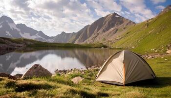 Peaceful Mountain Camping by a Clear Lake with Breathtaking Views photo