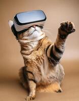 Adorable cat wearing a VR headset exploring the metaverse world photo
