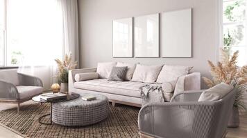 Modern scandinavian interior livingroom. Three picture frame. Empty wall mockup in white room with dry plants. 3d rendering illustration. 3d visualization. High quality 4k footage video