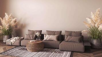 Brown color interior design with sofa, dry palm leaves and wicker table in modern farmhouse livingroom. Empty wall mockup. 3d rendering illustration. 3d visualization. High quality 4k footage video
