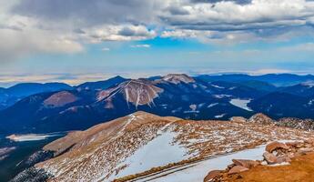 Mountains in winter, snow-covered slopes of Pikes Peak mountains, Colorado, US photo