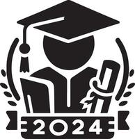 2024 graduation set featuring caps, diplomas, and fun typography. Perfect for celebration and academic achievement design projects. vector
