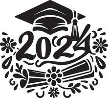 2024 graduation set featuring caps, diplomas, and fun typography. Perfect for celebration and academic achievement design projects. vector
