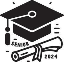 2024 graduation set featuring caps, diplomas, and fun typography. Perfect for celebration and academic achievement design projects. vector