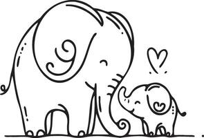 Mom and baby elephant silhouette in a minimalist black outline, capturing the gentle and nurturing nature of elephants. Perfect for adding a touch of wildlife elegance to design projects vector