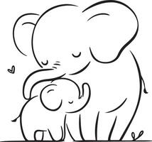 Mom and baby elephant silhouette in a minimalist black outline, capturing the gentle and nurturing nature of elephants. Perfect for adding a touch of wildlife elegance to design projects vector