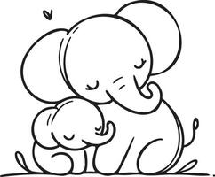 Mom and baby elephant silhouette in a minimalist black outline, capturing the gentle and nurturing nature of elephants. Perfect for adding a touch of wildlife elegance to design projects vector