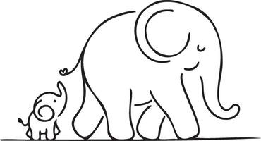 Mom and baby elephant silhouette in a minimalist black outline, capturing the gentle and nurturing nature of elephants. Perfect for adding a touch of wildlife elegance to design projects vector