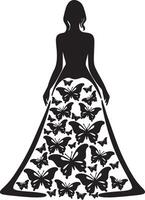 Whimsical woman in a butterfly gown silhouette line art set capturing the grace and beauty of fashion illustrations. Perfect for decorative and ethereal design projects vector