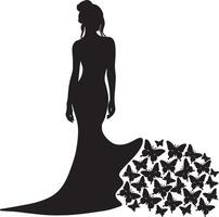 Whimsical woman in a butterfly gown silhouette line art set capturing the grace and beauty of fashion illustrations. Perfect for decorative and ethereal design projects vector