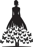 Whimsical woman in a butterfly gown silhouette line art set capturing the grace and beauty of fashion illustrations. Perfect for decorative and ethereal design projects vector