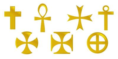 Set cross icon, collection of religion symbols isolated in whte background. Symbol 3D golden. vector