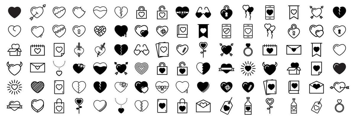 96 heart line icon set. Simple pictogram pack. Stroke drawing on a white background. Modern collection of outline style icons.