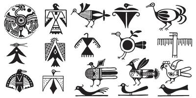 A set of tribal birds black and white isolated . Aztec style Mexican designs vector