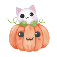 Cute Halloween Pumpkin and Cat Watercolor Illustration png