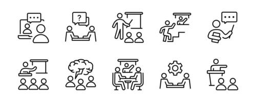 workshop training online course conference icon set human resource seminar coaching skill education outline teamwork development symbol illustration for web and app vector