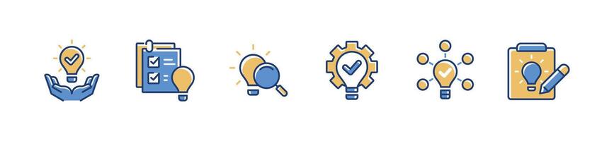 set of creative solution lightbulb idea innovation icon search for clipboard inspiration hand holding lamp with cogwheel symbol illustration vector