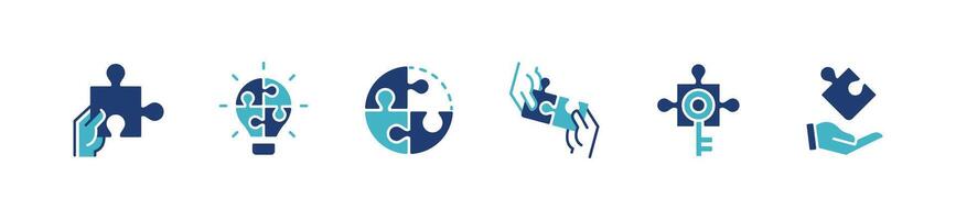 collection of jigsaw puzzle piece match problem solving success idea icon business teamwork challenge strategy innovation symbol illustration vector
