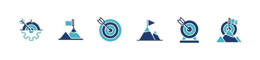 set of target success mission achievement icon business marketing challenge goal performance with flag summit mountain and arrow aim dartboard symbol illustration vector