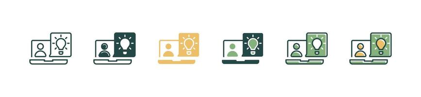 Online meetings give ideas for problem solving business with laptop and lightbulb icon creative innovation bright light with computer symbol illustration vector