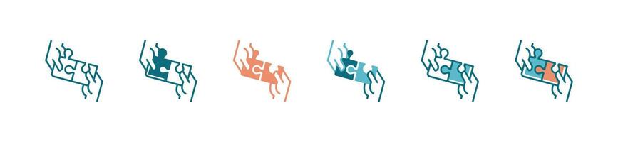 teamwork solving problems together with puzzle piece match solution icon with hands holding jigsaw part creative idea strategy symbol illustration vector
