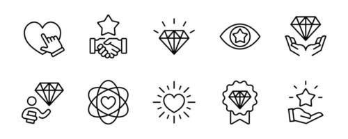 business core values icon set. client management care, love, passion, trust, responsibility, integrity, ethics, empathy, commitment outline illustration vector