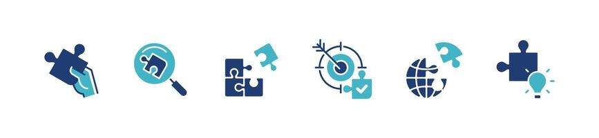 set of jigsaw puzzle match piece creative solution icon teamwork management problem solving idea symbol illustration for web and app vector