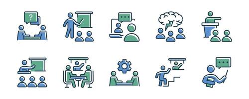 business online training course skill development icon set workshop seminar coaching education conference illustration teamwork meeting management design for web and app vector