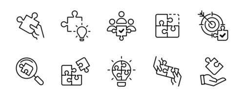puzzle jigsaw teamwork challenge solution icon set line style business mission creative problem solving puzzle match piece illustration outline collection for web and app vector