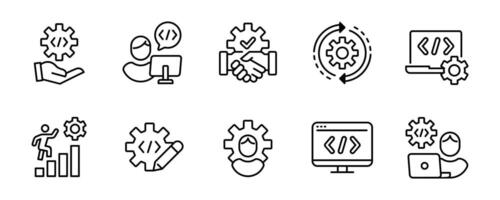business technology development website coding gear icon set company build custom setting software programming dev improvement outline style symbol illustration vector