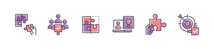set of puzzle jigsaw piece business teamwork challenge solution icon success idea creative thinking problem solving marketing management symbol illustration vector