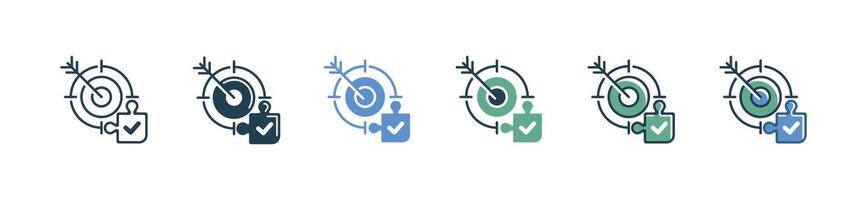 arrow target business solution with jigsaw puzzle piece innovation idea checkmark icon company success objective dart goal approved work symbol illustration vector