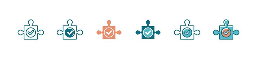 business problem solution creative idea approved jigsaw piece icon puzzle challenge mission with checkmark element symbol illustration for web and app template design vector