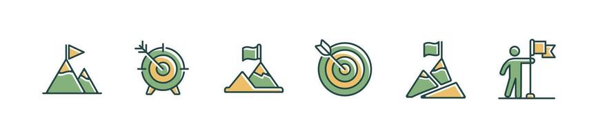 collection of goal mission business objective success icon set challenge target marketing strategy illustration aim arrow and mountain flag achievement symbol design vector
